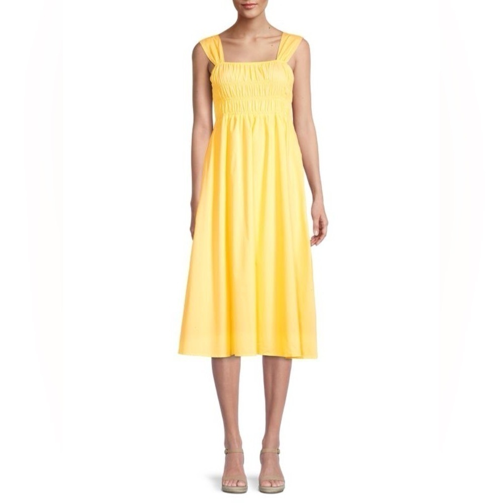 Nanette Lepore Smocked Sleeveless Midi Dress Canary Yellow sz 14